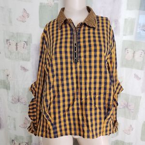 Orange & blue plaid ruffle sleeve bohemian top